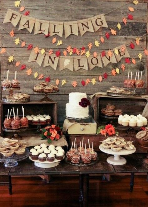 Cozy And Sweet Fall Bridal Shower Ideas Fall Desserts Table, Deco Buffet, Boda Diy, Fall Bridal Shower, Wedding Dessert Table, Bachelorette Party Games, Fall Wedding Decorations, Wedding Inspiration Fall, Mod Wedding