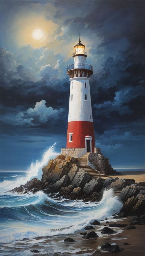 Lighthouse Night Painting, Light House At Night, How To Paint A Lighthouse, Lighthouse Canvas Painting, Marina Drawing, Lighthouse Night, Lighthouse Images, Lighthouse Paintings, Lighthouse At Night