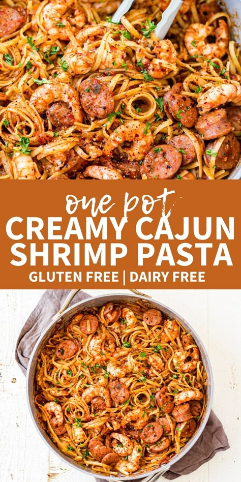 two pictures of creamy cajun shrimp pasta  cooked in a pan with chopped parsley on top and a text overlay that says it's gluten free and dairy free Dairy Free Shrimp Recipes, Gluten Free Dairy Free Recipes Dinner, Cajun Pasta Recipes, Creamy Cajun Shrimp, Dairy Free Pasta Recipes, Gluten Free Dairy Free Dinner, Creamy Cajun Shrimp Pasta, Dairy Free Recipes Dinner, Cajun Shrimp Pasta