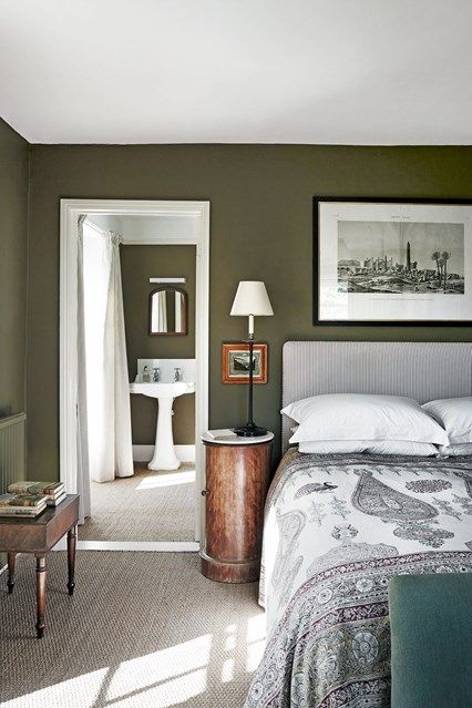 Green country bedroom in Bedroom Decoration Ideas. The main bedroom with a view… Grey Green Bedrooms, Olive Green Bedrooms, Green Bedroom Walls, Green Bedroom Decor, Olive Green Walls, Rustic Bedroom Design, Bedroom Design Inspiration, Green Bedroom, Country Bedroom