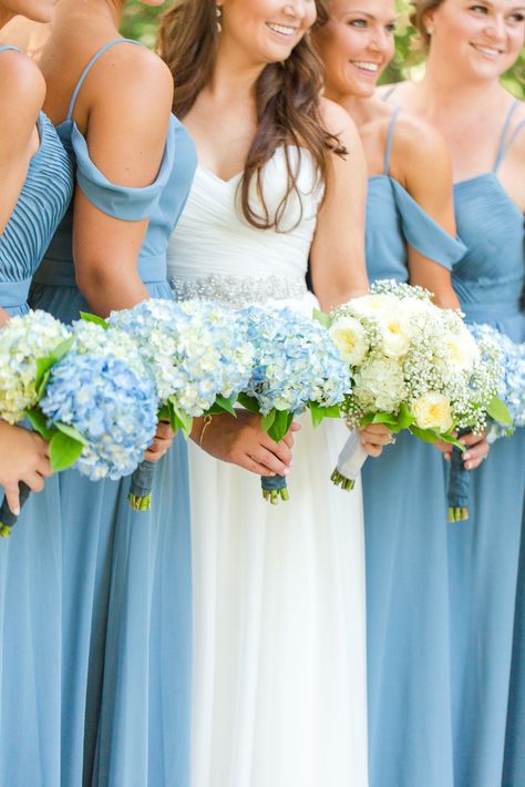 Slate Blue Bridesmaid Dresses at the Barn at Springhouse Gardens in Lexington, Kentucky with Hydrangea Bouquets. See more photos by Kentucky Wedding Photographer Kevin and Anna Photography at www.kevinandannaweddings.com #kabrides #Kevinandannaphotography #kaweddings #kagrooms #kacouples Blue Hydrangea Bridesmaid Bouquet, Hydrangea Bridesmaid Bouquet, Slate Blue Bridesmaid Dresses, Hydrangea Bouquets, Blue Hydrangea Bouquet, Wedding Bridesmaid Bouquets, June Flowers, Lilac Wedding Bouquet, Blue Hydrangea Wedding