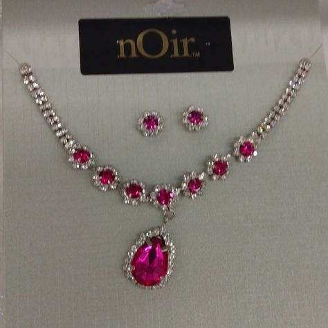 Rhinestone & Pink Stone Jewelry Set. Never Worn Includes Necklace And Earrings For Pierced Ears.