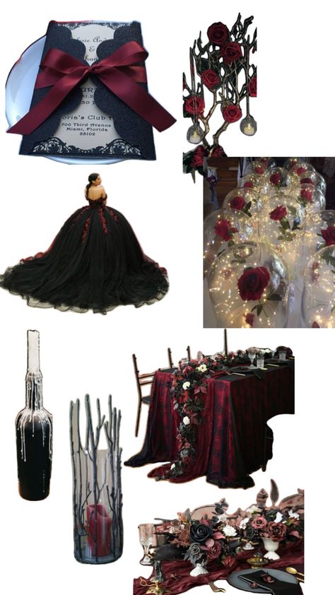 Vamp with a hint of goth Black Quinceanera Theme, Red Quinceanera Theme, Red Quince Theme, Crystal Wedding Theme, Sweet 16 Masquerade Party, Quinceanera Red, Dark Romantic Wedding, Vampire Wedding, Quince Themes