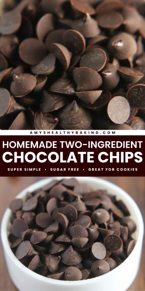 A healthy recipe for how to make chocolate chips! It's gluten free, vegan, clean eating, sugar free. Using just 2 ingredients, you can have homemade chocolate chips for cookies or other healthy dessert recipes! Sneak some as a snack, too!