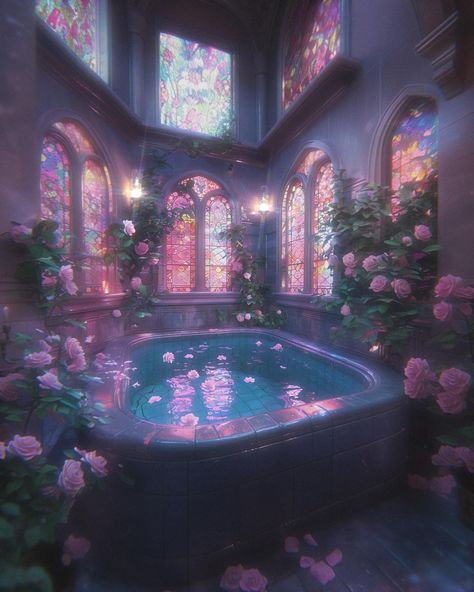 Stained glass window bathrooms and outdoor tubs near waterfalls. Initially this AM, I was creating vampire artworks that still need some TLC, and I thought, well, it’s Saturday… maybe we all just need a long soak in a hot tub.🩷 So, I’m revisiting the bathrooms with a different take. SELF CARE, always ofc, but especially today. Choose your peaceful space 🛁🎀 Take care of yourself & have a k🔪ller Saturday. Xo, Heather . . . . . . . . #stainedglassart #stainedglass #bathroomdesignideas #bathr... Bathroom Concept Art, Cloud Palace, Outdoor Tubs, Magical Bathroom, Fantasy Bathroom, Witchy Bathroom, Tattoo Room, Ethereal Decor, Dreams Core Aesthetic