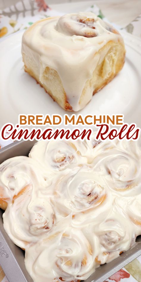 The BEST Bread Machine Cinnamon Rolls with Cream Cheese Icing! An easy-to-follow bread machine recipe for tender, billowy cinnamon rolls filled with cinnamon butter and brown sugar topped with the perfect cream cheese buttercream icing. Bread Machine Cinnamon Buns, Breadmaker Cinnamon Rolls, Bread Maker Donut Dough, Hamilton Bread Machine Recipes, Bread Maker Cinnamon Rolls, Kbs Bread Maker Recipes, Sunbeam Bread Machine Recipes, Kbs Bread Machine Recipes, Breadman Recipes