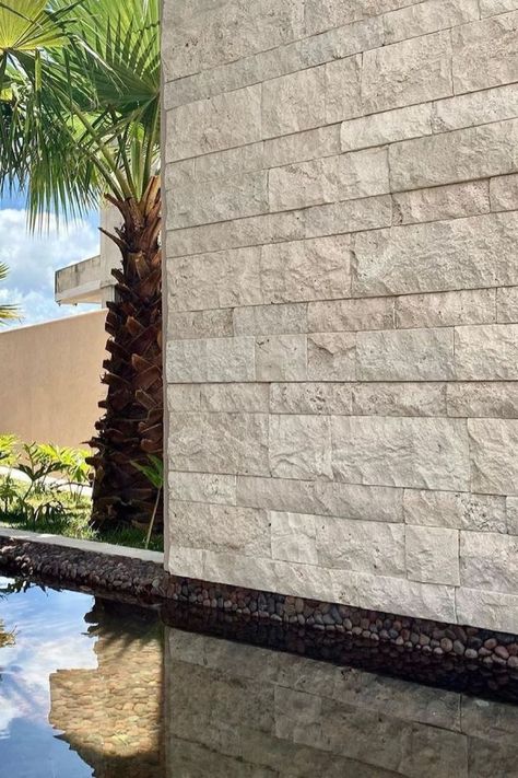 House Pillars, Terrace House Exterior, Travertine Outdoor, Stone Exterior Houses, Stone Wall Design, Exterior Tiles, Cladding Design, House Wall Design, Stone Wall Cladding