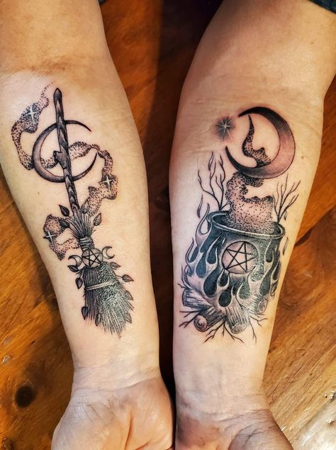 Witchy Tattoo Ideas Matching, Pagan Sleeve Tattoos For Women, Which Tattoos For Women, Witch Friendship Tattoo, Witch Friend Tattoos, Tattoos Of Crystals, Small Matching Witchy Tattoos, Witchy Sister Tattoos For 2, Mother Daughter Witch Tattoo