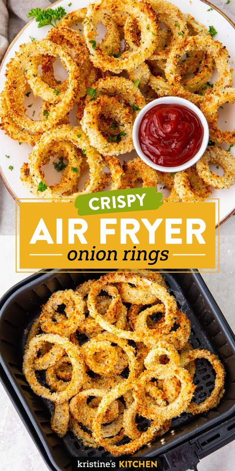 These Air Fryer Onion Rings are deliciously crispy and perfectly seasoned! With this easy onion ring recipe, you'll never go back to deep fried onion rings. Air Fryer Onion Rings, Fried Onion Rings, New Air Fryer Recipes, Air Fryer Recipes Snacks, Air Fryer Cooking Times, Cooks Air Fryer, Air Fried Food, Air Fryer Oven Recipes, Air Fry Recipes