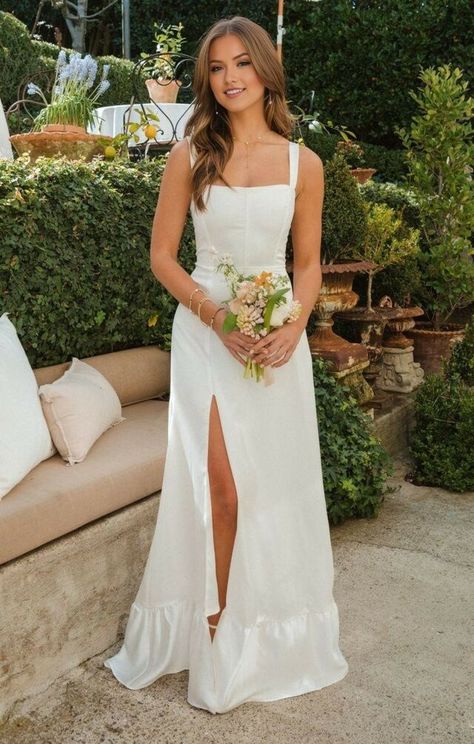 White Satin Prom Dress Long, Square Neckline Wedding Dress Jewelry, Ivory Wedding Guest Dress, Elegant Midi Dresses Wedding, Midi Casual Wedding Dress, White Maxi Dress Formal, Simple Corset Dress, Summer Reception Dress, Summer Wedding Dress For Bride