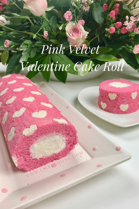 Pink Velvet Cake Roll, Valentines Cake Roll Recipes, Valentine Cake Roll, Heart Roll Cake, Valentine Roll Cake, Valentines Day Dessert Recipes, Rolled Cakes With Designs, Heart Cake Roll, Swiss Roll Cake Design