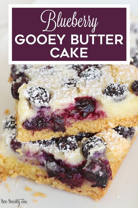 This blueberry gooey butter cake is so flavorful! The perfect blueberry dessert! #blueberry #gooeybuttecake #dessert #recipe Blueberry Butter Cake Recipe, Gooey Butter Cake Variations, Gooie Butter Cake Easy, Blueberry Cake With Box Cake, Blueberry Yellow Cake Mix Recipe, Blueberry Cake Mix Recipes, Ooy Gooy Butter Cake, Butter Cake Gooey, Blueberry Gooey Butter Cake