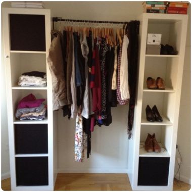 Closet option - two shelf units from Ikea plus a rod in-between! clean Diy Kast, Garderobe Diy, Små Rum Lidt Plads, Loft Style Apartments, Loft Style Apartment, Ikea Closet, Loft Stil, Clothes Hanging, Diy Wardrobe