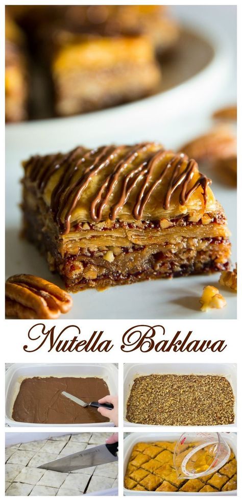 Nutella Baklava, Recipe With Nutella, Pecan Pie Cake Recipe, Pie Cake Recipe, Baklava Recipe Easy, Pecan Pie Cake, Phyllo Recipes, Nutella Recipes Easy, Baklava Recipe