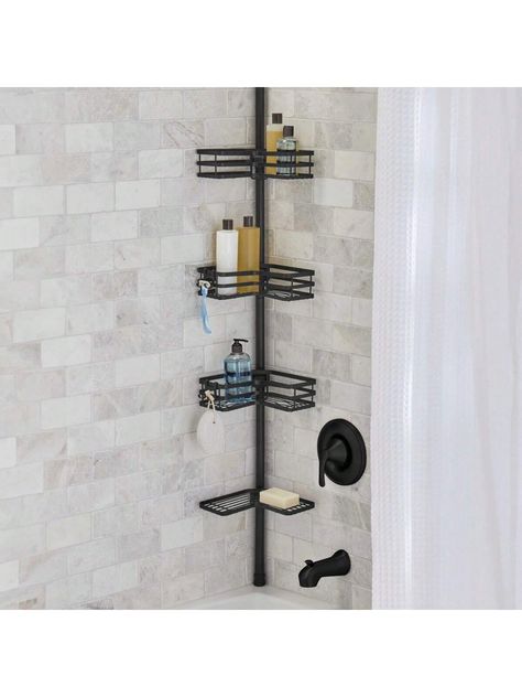 With the Tension Rod Shower Shelf, shower storage and organization have never been easier and more beautiful. Ideal for organizing your shower area, this corner shelf features 3 adjustable baskets designed to store extra-tall and inverted bottles. Sturdy metal construction and rust-resistant coating ensure long-lasting use. Shelf height is adjustable from 5 feet to 9 feet to fit most shower and tub spaces. The Tension Rod Shower Shelf has 3 adjustable storage baskets designed to store extra-larg Bathroom Vanity Stool, Shower Pole, Standing Shower, Open Showers, Shower Rack, Bamboo Bathroom, Shower Storage, Shower Organization, Tension Rod