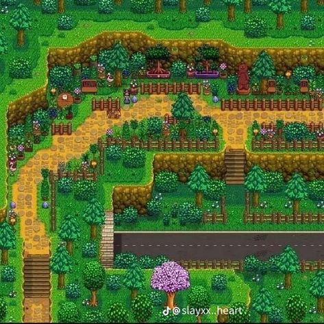 Stardew Valley Cindersap Forest Design, Orchard Stardew Valley, Stardew Paths, Stardew Valley Ideas Farm, Aesthetic Stardew Valley Farms, Stardew Valley Decoration Ideas, Stardew Design, Stardew Farm, Stardew Farms