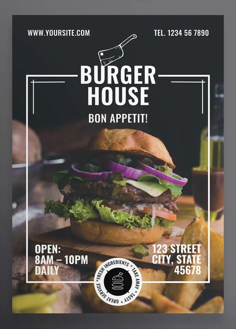 Restaurant Poster Design PSD, Vector EPS - 2 size: Poster (420×594 mm) and Poster US (18×24 in) Hamburger Poster Design, Fast Food Poster Design, Restaurant Poster Design, Fast Food Poster, Hamburger Menu, Menue Design, Restaurant Poster, Banner Design Layout, Poster Design Layout