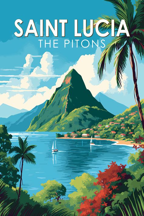 Retro art poster of The Pitons in Saint Lucia showcasing majestic peaks and Caribbean paradise. St Lucia Travel, Tropical Cruise, Vector Art Design, Caribbean Art, Saint Lucia, Caribbean Travel, Santa Lucia, Travel Wall Art, St Lucia