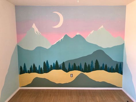 Mountain Bedroom Mural, Night Sky Mountain Mural Nursery, Mountain Mural Painting, Easy Mountain Mural, Forest Mural Kids, Curb Numbers, Basement Mural, Diy Mountain Mural, Mountain Wall Painting