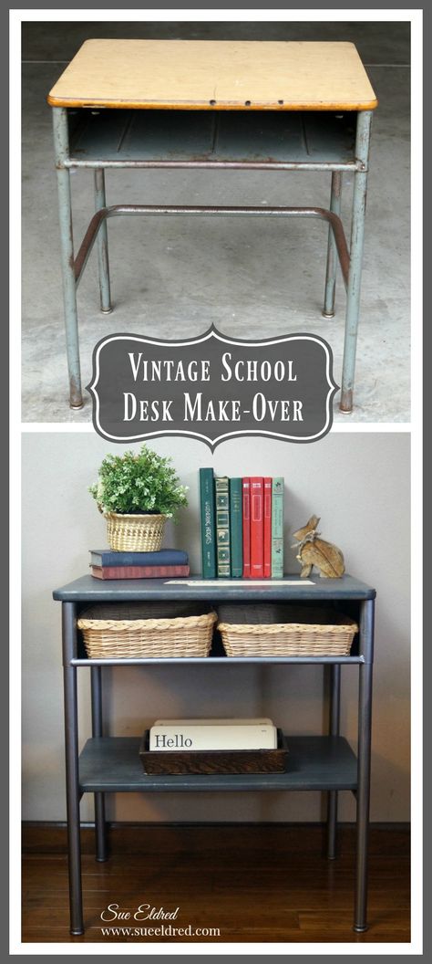 Vintage School Desk Make-Over  No longer a desk.  It makes a great side piece. From Sue's Creative Workshop  www.sueeldred.com  #vintage #desk #make-over #upcycled #homedecor #recycled #trashtotreasure #schooldesk School Desk Makeover, Upcycle Home Decor, Metallic Furniture, Upcycle Home, Vintage School Desk, Desk Diy, School Desk, Desk Makeover, School Desks