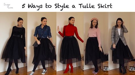 5 Ways to Style a Tulle Skirt - SUGAR LANE Black Tulle Skirt Outfit Winter, How To Style A Black Tulle Skirt, Tulle Skirt With Boots, Black Tulle Skirt Outfit Classy, Black Tulle Skirt Outfit Casual, Plus Size Tulle Skirt Outfit, Tulle Skirt Outfit Winter, Tulle Midi Skirt Outfit, Black Tulle Skirt Outfit