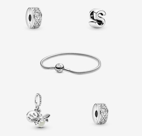 Bracelet: Pandora Moments Snake link bracelet Charms: letter S alphabet charm Clear pavé clip Firefly charm pendant Firefly Charm, S Alphabet, Alphabet Charm, Bracelet Pandora, Bracelet Charms, Pandora Bracelet, Letter S, Firefly, Charm Pendant