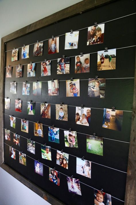 Team Photo Display Ideas, Grandkids Picture Ideas Photo Displays, Modern Photo Display Ideas, Hanging Photo Collage, 2x3 Photo Display, Photo Board With Clips, Picture Garland Photo Displays, Ways To Display 4x6 Photos, Family Reunion Photo Display Ideas