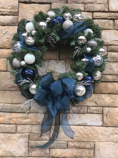 Extra Large Shimmering Navy Blue Silver Faux Evergreen | Etsy Navy Blue Christmas, Faux Branches, White Christmas Wreath, Navy Christmas, Silver Christmas Decorations, Blue Christmas Decor, Evergreen Wreath, Blue Christmas Tree, Gold Christmas Decorations