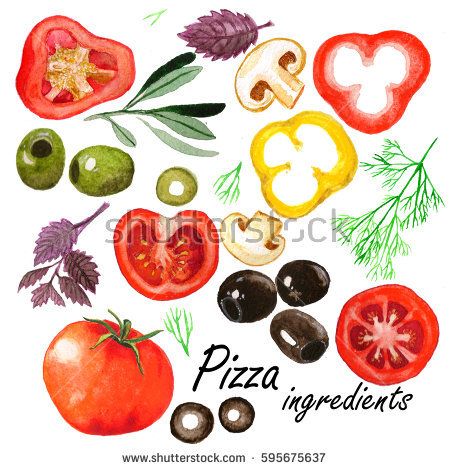 Pizza Ingredients Illustration, Cookbook Cover Design, Pizza Illustration, Watercolor Vegetables, Pizza Drawing, Vector Animation, Pizza Art, Pizza Ingredients, Watercolor Food