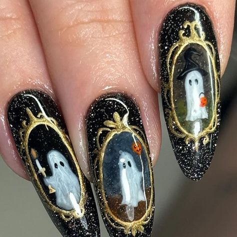 Over The Garden Wall Nails, Gold Sparkle Nails, White Gel Polish, Bad Nails, Wall Nails, Witchy Nails, Oc Inspo, Sparkle Nails, Beauty Inspo