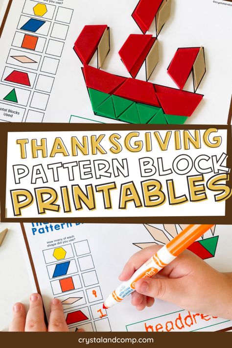 Thanksgiving Pattern Block Printables Pattern Block Printables, Pattern Block Templates, Thanksgiving Pattern, Shapes Kindergarten, Thanksgiving Books, Kindergarten Math Games, November Crafts, Block Area, Shapes Preschool