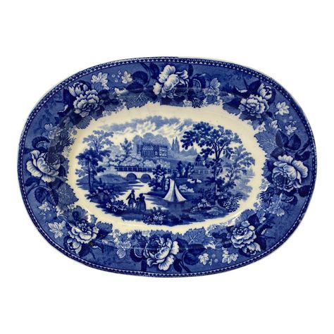 Antique Wedgwood Platter in Blue & White Landscape Pattern Made in England - Circa 1906  Gorgeous deep cobalt blue enhances this serene landscape pattern. Will make a stunning addition to your holiday table or blue & white collection.  Measures 12 1/4” W x 9” D x 1 1/4” T Blue Willow Dishes, Blue And White Dinnerware, Wedgewood Blue, Landscape Pattern, Magic Witch, Blue Things, Blue Dishes, Serene Landscape, White Landscape