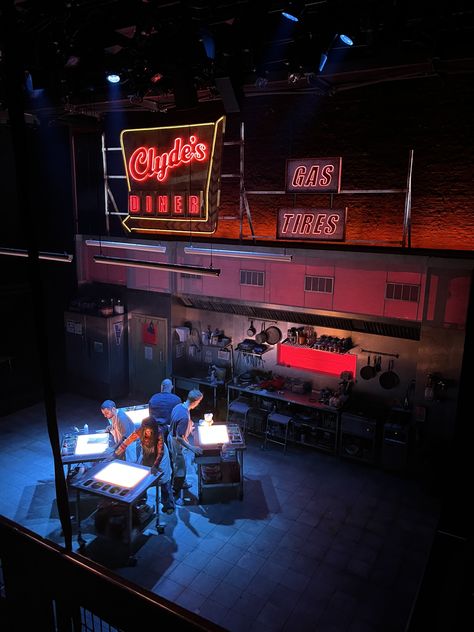 This cool DMX neon sign was on stage at London's Donmar Warehouse for the play Clydes. I absolutely LOVE it!!!!! #neon #clydes #donmar #donmarwarehouse #carousellights #dmx #props #setdesign #neonprops Donmar Warehouse, Lighting Design Theatre, Hedda Gabler, Theatre Sign, Neon Light Art, Theatre Props, Theatre Lighting, Architectural Signage, Vip Room