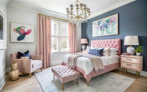 Girl Bedroom Color Schemes, Navy And Pink Bedroom, Bedroom Color Scheme Ideas, Bedroom Paint Color Ideas, Light Pink Bedrooms, Bedroom Paint Color, Blue And Pink Bedroom, Blush Bedding, Best Bedroom Paint Colors