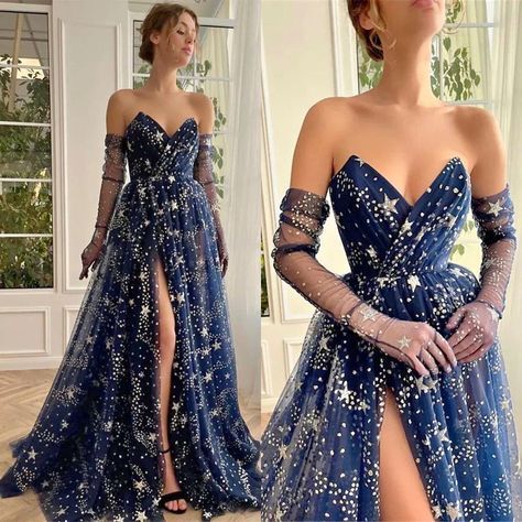 Dark Blue Starry Dress, Faerie Ball Gown, Galaxy Sweet 16 Dress, Fantasy Galaxy Dress, Night Theme Dress, Fantasy Ball Dress, Astronomy Outfit, Starry Gown, Night Court Fashion