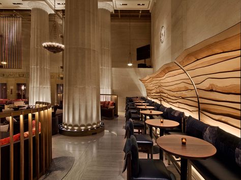 Nobu Downtown Restaurant New York Architect Project, Nobu Restaurant, Rockwell Group, Manhattan Restaurants, Wooden Canopy, Small Restaurants, Marble Columns, Downtown New York, Restaurant New York