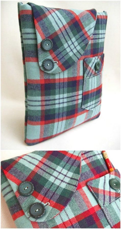 25 Creative Ways To Reuse and Repurpose Old Flannel Shirts - Easy tutorials that guide you trough shirt upcycling! Collected and curated by diyncrafts.com team! <3 Mens Shirts Repurposed, Tartan Crafts, Old Flannel, Memory Pillow From Shirt, Umgestaltete Shirts, Memory Crafts, Memory Shirts, Repurposed Clothing, Sew Ins