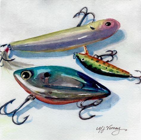 Fishing Art Watercolor Print Fishing Lures Painting Fishhook - Etsy Fishing Lures Painting, Painting Fishing Lures, Fishing Lure Painting, Thomas Bedroom, Fishing Lures Art, Lure Painting, Three Paintings, Fish Watercolor, Fly Fishing Art