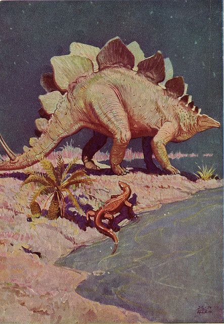 Old Dinosaur Art, Old Dinosaur Illustration, Vintage Dinosaur Illustration, Retro Dinosaur Art, Vintage Dinosaur Art, Paleontology Illustration, Stegasorus Dinosaur, Stegosaurus Illustration, Sinclair Dinosaur