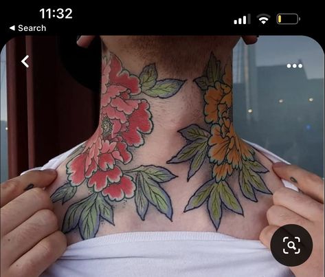 Flower Neck Tattoo, Side Neck Tattoo, Throat Tattoo, Neck Tattoos Women, Back Of Neck Tattoo, New Tattoo Designs, Tattoos For Women Flowers, Fusion Ink, Peonies Tattoo