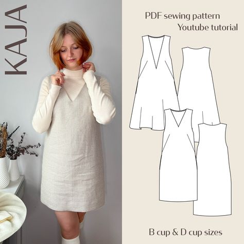 PDF Digital Sewing Pattern for Kaja Pinafore Dress with Deep V neck Size range:  EU//US - B CUP 32-46//2-16 EU//US - D CUP 46-60//16-30 The Kaja pattern is a vintage inspired pinafore dress, with French darts, two V-neck options and side seam pockets. The dress is fully lined and has a loose fit with a lot of ease. Option A has a beautiful A-line shape with a deep V-neck. The dress stops above the knees. For a more fitted look, size down. Option B has a more fitted shape with a higher V-neck. Th Pinafore Dress V Neck, V Neck Pinafore Dress Pattern, Button Front Dress Sewing Pattern, Dress Sewing Inspiration, Tiered Maxi Dress Sewing Pattern, Dress With Pockets Sewing Pattern, Beginner Clothes Sewing Patterns, Fall Dress Sewing Pattern, Pinafore Dress Sewing Pattern