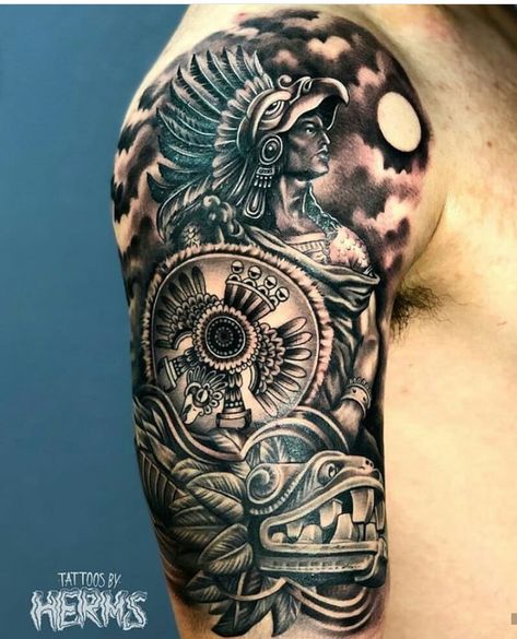 Mens Aztec Tattoos, Aztec Warrior God Tattoo, Aztec Sleeve Tattoos Mens Arm, Mexican Half Sleeve Tattoo, Mayan Sleeve Tattoo, Mexican Color Tattoos, Aztec Shoulder Tattoo Men, Mayan And Aztec Tattoos, Aztec Tattoo Ideas For Men