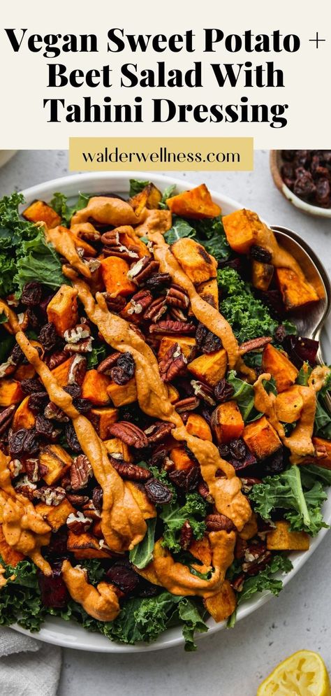 This vegan roasted sweet potato salad is made with kale, beets, and a smoked paprika-tahini dressing. It’s super hearty, nourishing, and easy to make. Can be enjoyed warm or cold. Sweet Potato Salad Cold, Vegan Roasted Sweet Potato, Kale Sweet Potato Salad, Roasted Sweet Potato Salad, Sweet Potato Salad Recipe, Winter Salad Recipes, Sweet Potato Salad, Sweet Potato Kale, Roasted Sweet Potato