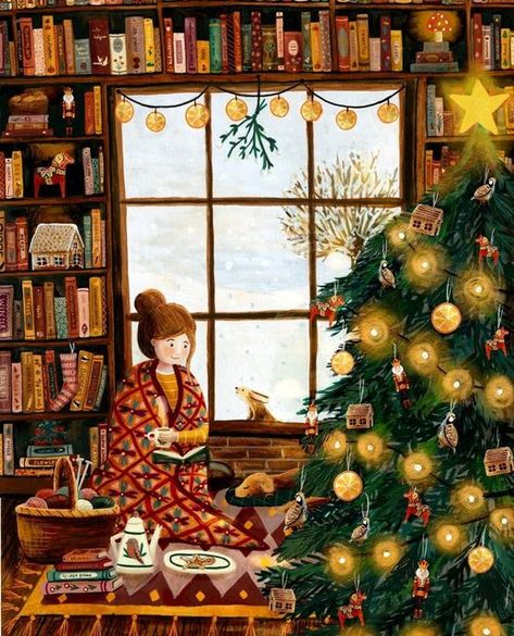 Beautiful Christmas Illustrations, Christmas And Books Aesthetic, Cosy Christmas Illustration, Cozy Christmas Illustration Art, Christmas Book Illustration, Christmas Card Print, Christmas Aesthetic Cards, Aesthetic Christmas Drawings, Christmas Aesthetic Illustration