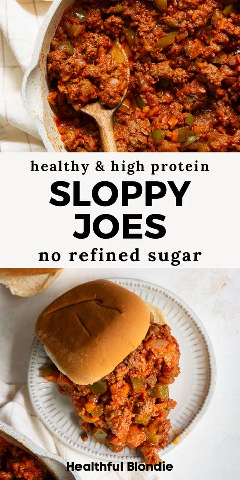 This secretly healthy sloppy joes recipe uses lean ground beef, lots of veggies, and no added refined sugar. It's packed with protein, super saucy and filling, and ready in under 30 minutes — a great option for a quick weeknight dinner or meal prep! Kid, picky eaters, and families love these homemade sloppy joes! Crockpot Sloppy Joes Healthy, Sloppy Joe Recipe Turkey Meat, Sloppy Joes Recipe Healthy, Ground Beef Healthy Dinner Recipes, Healthy Protein Recipes Easy, Healthier Sloppy Joe Recipe, Easy Healthy Dinner Recipes Beef, High Protein Sloppy Joes, Picky Eater Dinner Ideas Healthy Recipes