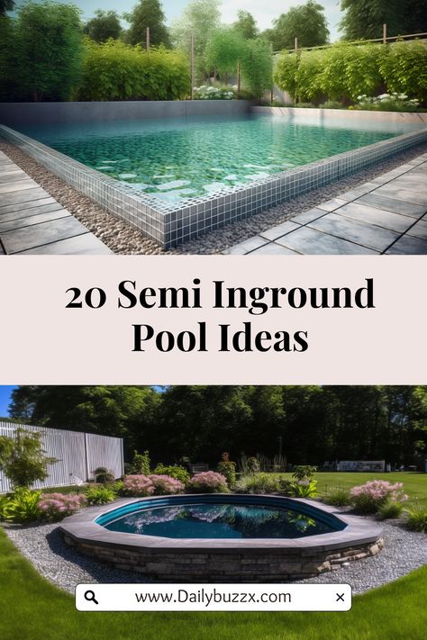 Semi Ground Pool Ideas, Inground Rectangle Pool Ideas, Round In Ground Pool, Semi In Ground Pool With Deck, Semi In Ground Pool Landscaping, Stealth Pool Landscaping, Partially Inground Pool, Partial In Ground Pool, Semi Above Ground Pool Landscaping