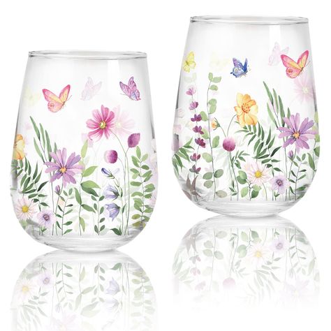 PRICES MAY VARY. Set of 2 - The package includes 2pcs stemless wine glasses, they are packed by custom pearl cotton, not easy to break during transportation, perfect for your to use. Don't put them into the dishwasher, oven, microwave and other high-temperature heating machines. Watercolor Flower Design – Our drinking glasses are printed with beautiful wild flowers and butterflies, and use watercolor style, showing the vibrant spring scenery, can give you a good mood when drinking. Enough Capaci Rose Painted Wine Glasses, Clear Mugs, Floral Drink, Spring Scenery, Flower Tumbler, Hand Painted Glassware, Vintage Wine Glasses, Glassware Drinking, Hand Painted Wine Glasses