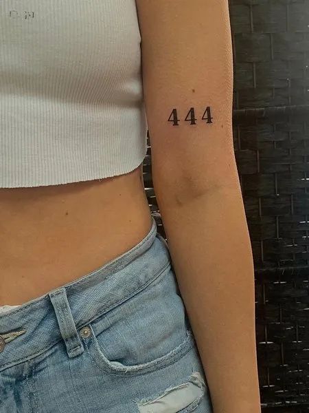 Arm 444 Tattoo 444 Heart Tattoo, 444 Tattoo Above Elbow, Small Hand And Arm Tattoos For Women, 444 Collar Bone Tattoo, 555 Arm Tattoo, Number Tattoo For Men, Small 444 Tattoo Ideas, 444 Tattoo Ideas Red Ink, Bold Number Tattoo