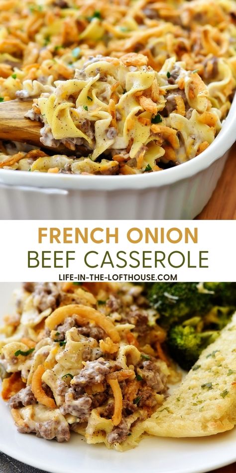 French Onion Beef Casserole - Life In The Lofthouse Onion Beef Casserole, French Onion Beef Casserole, French Onion Casserole, French Onion Beef, Onion Casserole, Ground Beef Recipes Healthy, Keto Beef Recipes, Beef Casserole Recipes, Ground Beef Recipes Easy