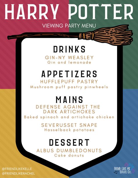 From Hocus Pocus to Hamilton, These 17 Movie-Themed Dinner Menus Sound Perfectly Delicious Harry Potter Food Ideas Dinner, Fun Food Ideas For Adults, Twitches Movie Dinner, Harry Potter Dinner Party Food, Harry Potter Inspired Dinner Recipes, Harry Potter Date Night Ideas, Harry Potter Movie Night Food, Movie Themed Dinner Ideas Adult, Harry Potter Menu Ideas